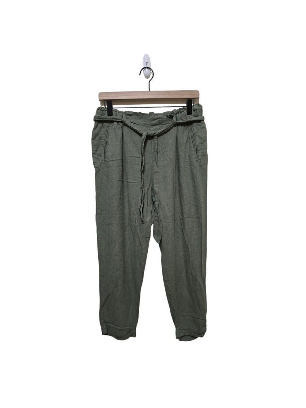 Cali 1850 Olive Linen Blend High Waist Drawstring Cropped Skinny Pants Sz M